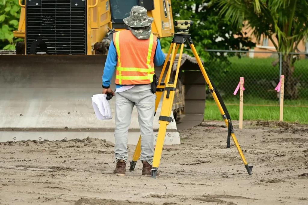 surveyor is in the field measuring the land